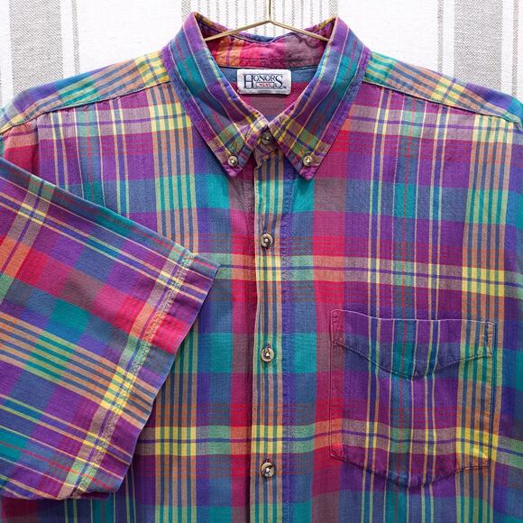 VINTAGE‎ Button Down Shirt Mens Extra Large Short Sleeve Colorful Plaid Dadcore - Picture 1 of 6